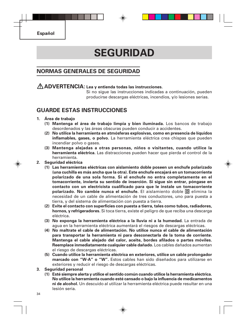 Seguridad, Normas generales de seguridad advertencia, Guarde estas instrucciones | Hitachi G 23MR User Manual | Page 34 / 52