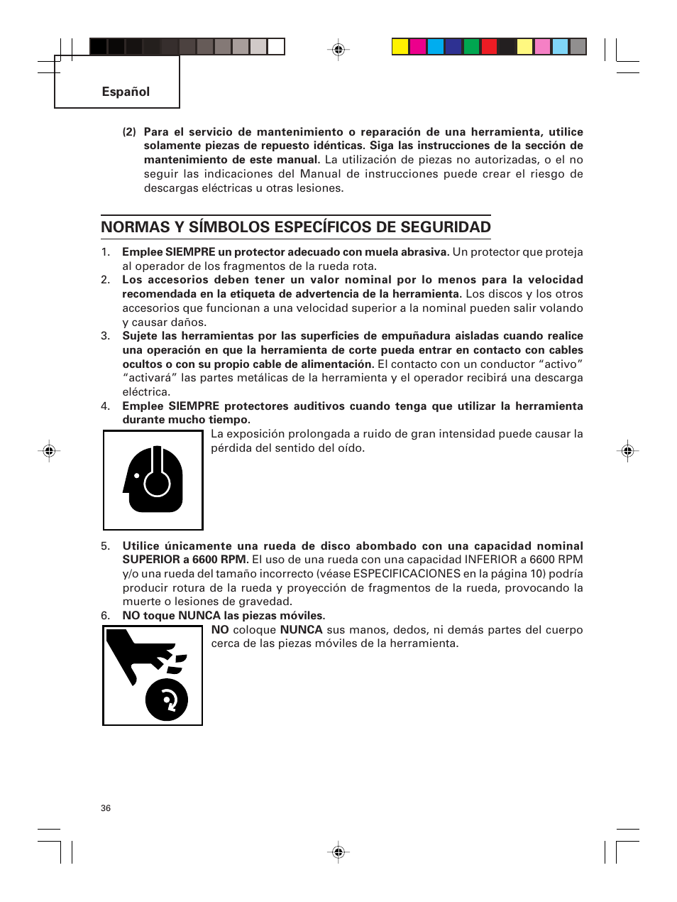 Normas y símbolos específicos de seguridad | Hitachi G 23MR User Manual | Page 36 / 52