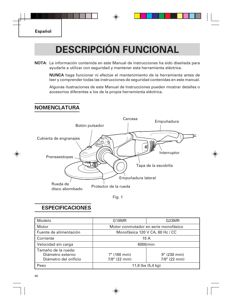 Descripción funcional, Especificaciones, Nomenclatura | Hitachi G 23MR User Manual | Page 40 / 52