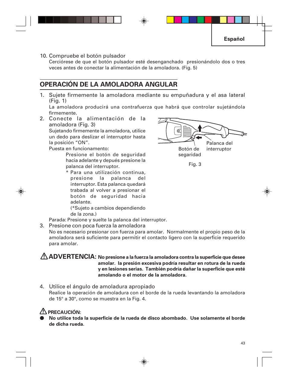 Operación de la amoladora angular, Advertencia | Hitachi G 23MR User Manual | Page 43 / 52