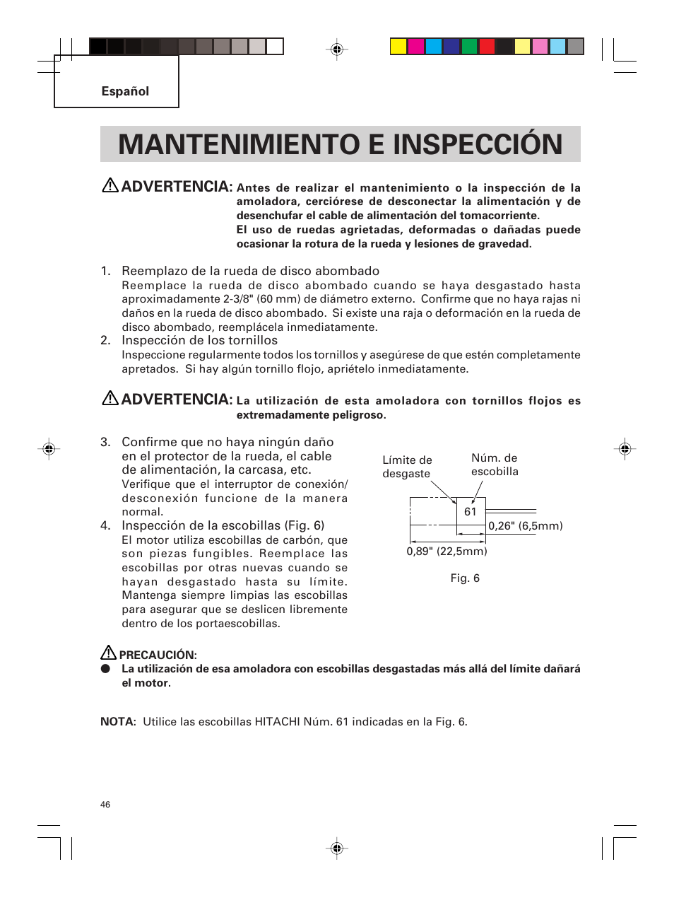 Mantenimiento e inspección, Advertencia | Hitachi G 23MR User Manual | Page 46 / 52