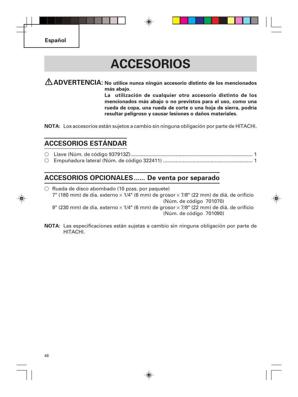 Accesorios | Hitachi G 23MR User Manual | Page 48 / 52