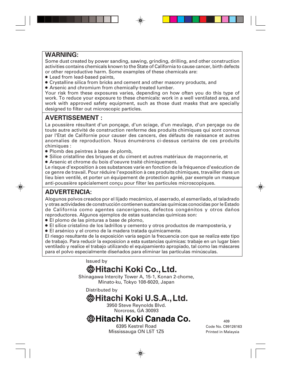 Hitachi koki co., ltd, Hitachi koki u.s.a., ltd, Hitachi koki canada co | Hitachi G 23MR User Manual | Page 52 / 52