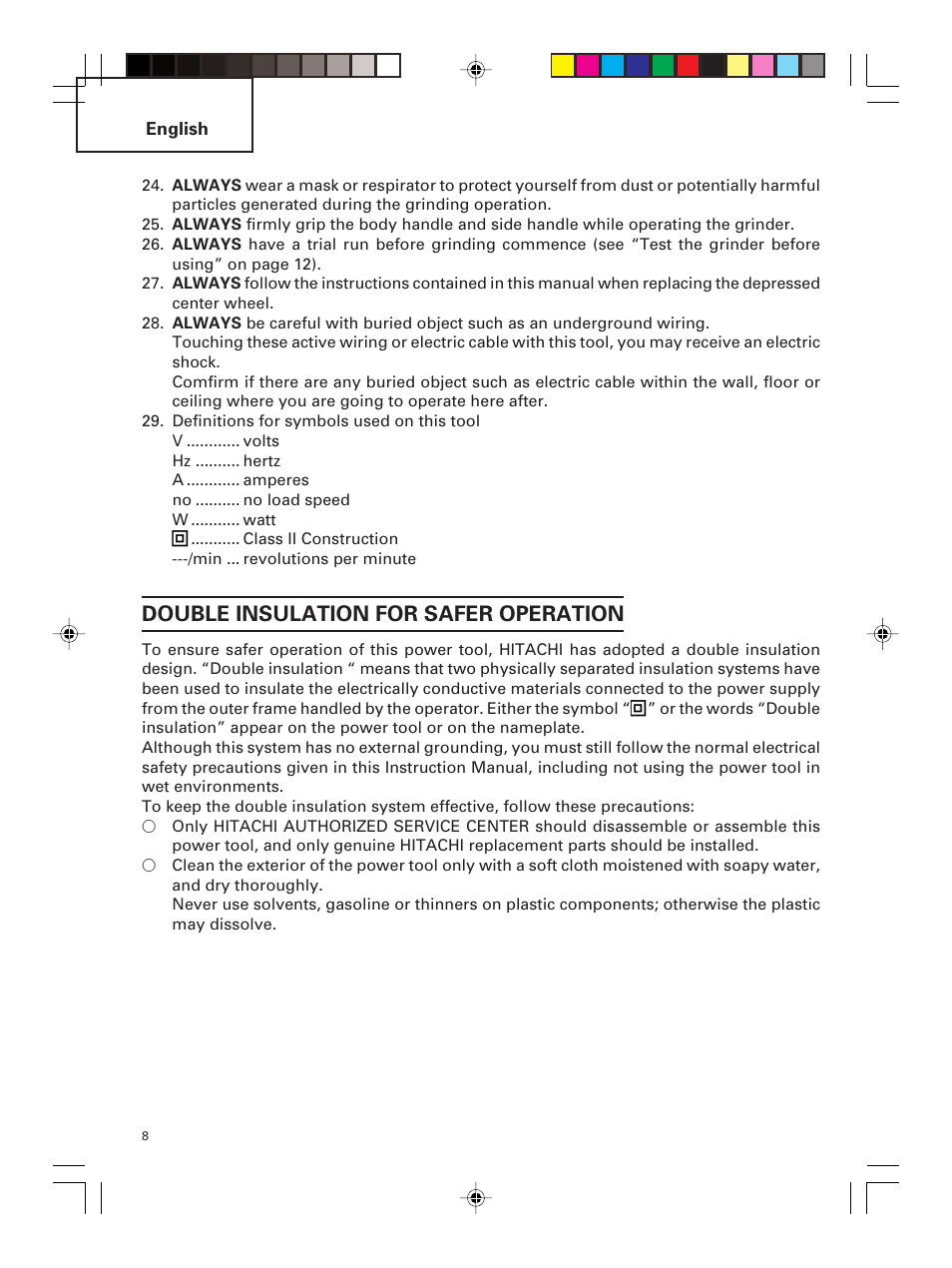 Double insulation for safer operation | Hitachi G 23MR User Manual | Page 8 / 52