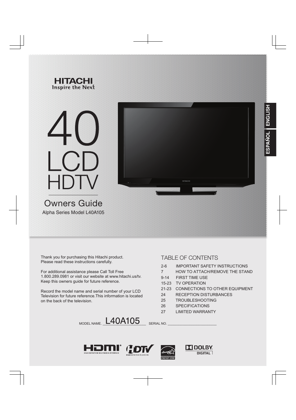 Hitachi L40A105 User Manual | 27 pages