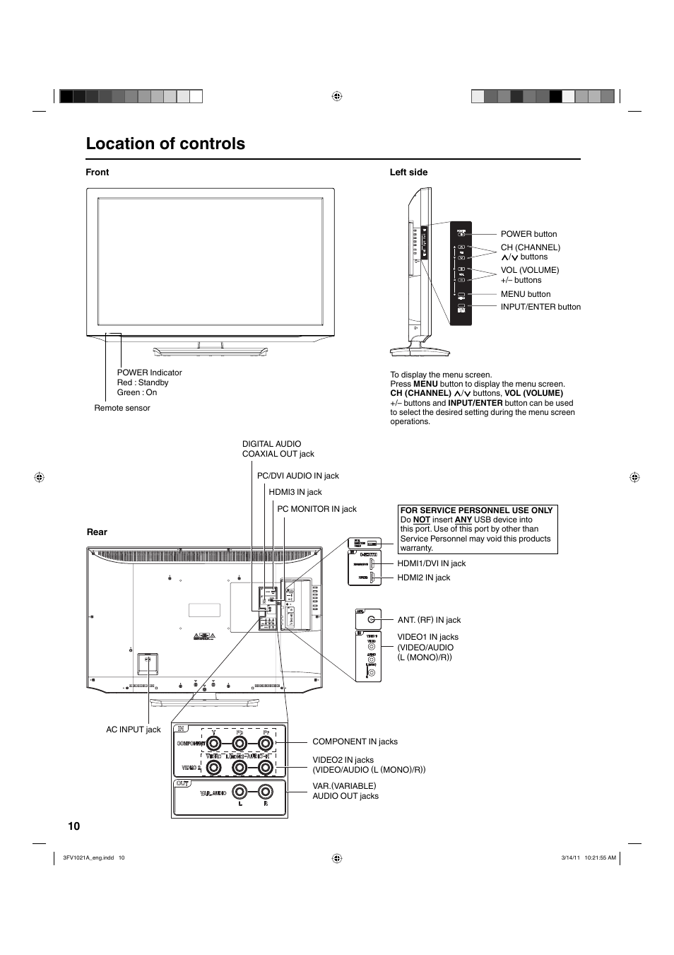 Location of controls | Hitachi L40A105 User Manual | Page 10 / 27