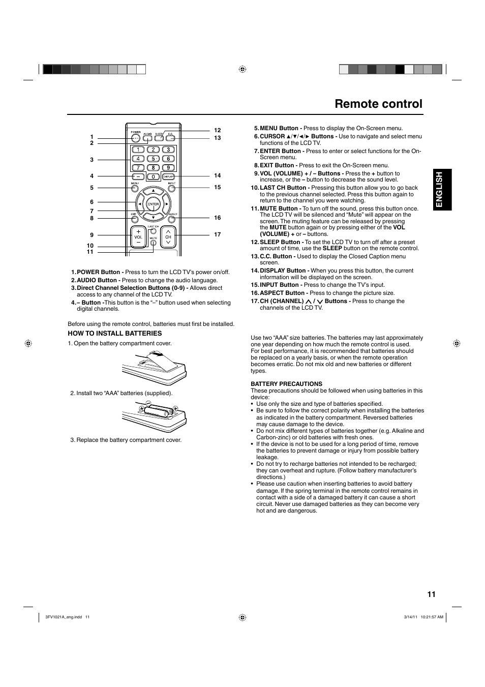 Remote control, 11 english | Hitachi L40A105 User Manual | Page 11 / 27