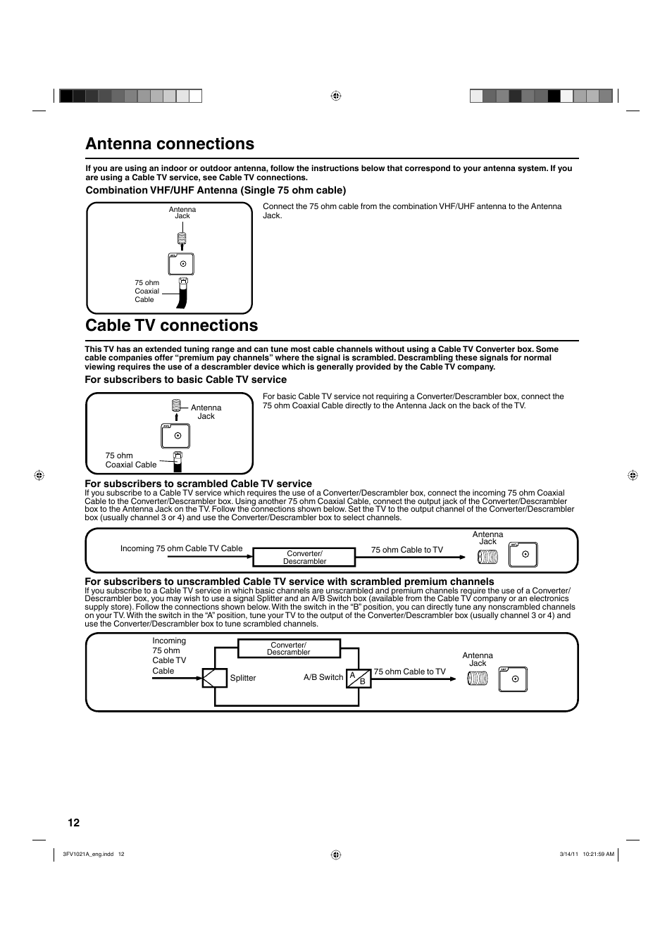 Antenna connections, Cable tv connections | Hitachi L40A105 User Manual | Page 12 / 27