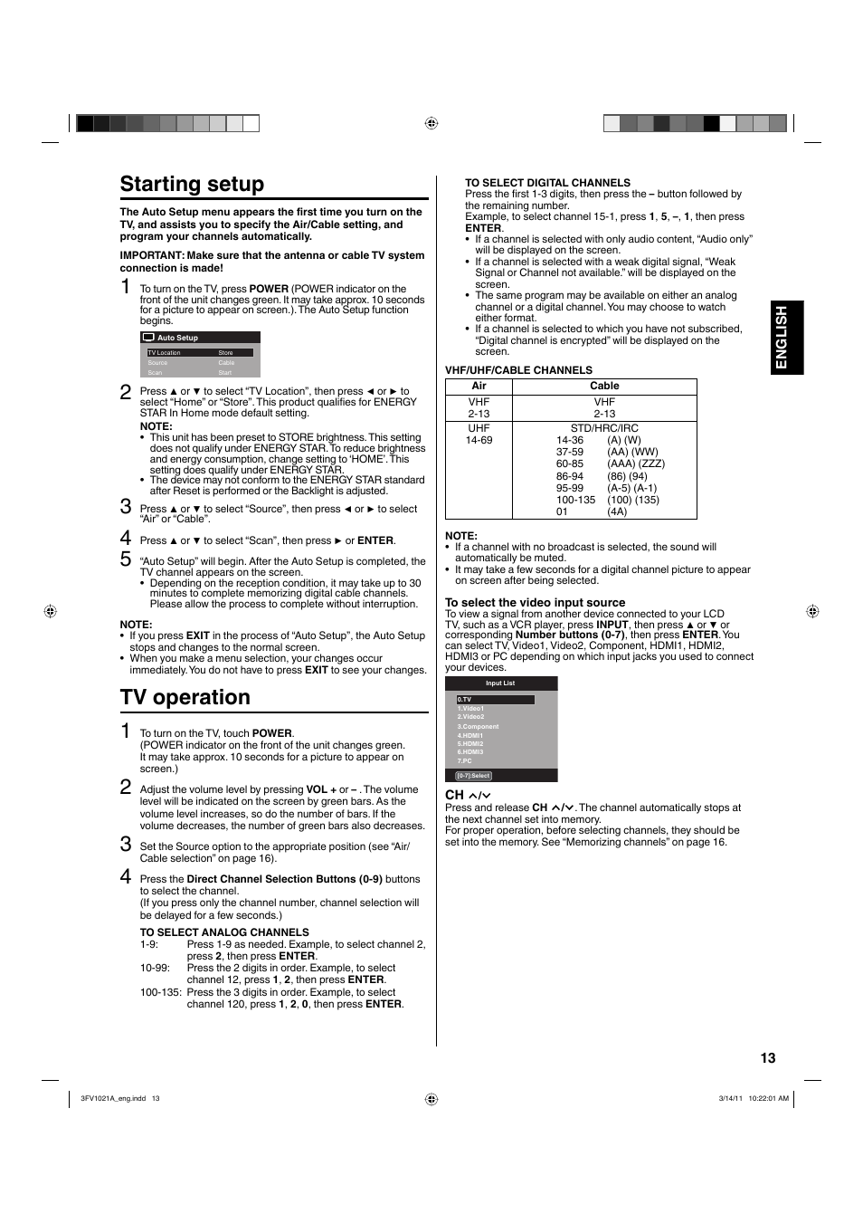 Starting setup, Tv operation 1, 13 english | Hitachi L40A105 User Manual | Page 13 / 27
