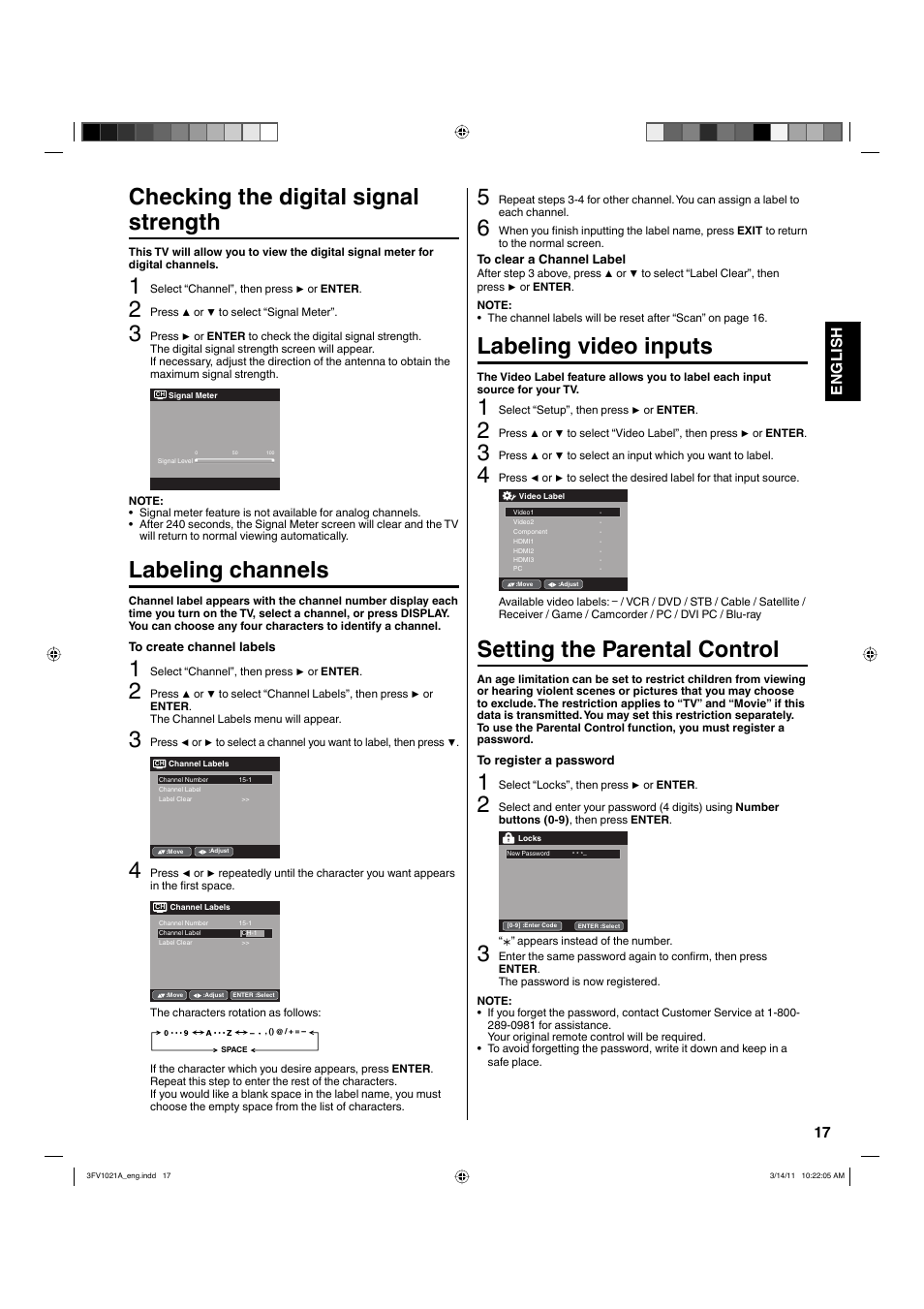 Checking the digital signal strength, Labeling channels, Labeling video inputs | Setting the parental control, 17 english | Hitachi L40A105 User Manual | Page 17 / 27