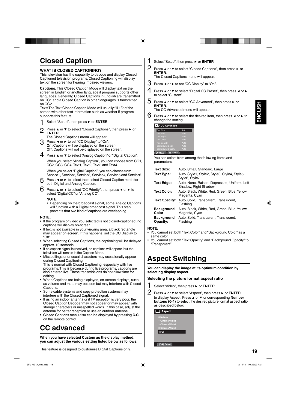 Closed caption, Cc advanced, Aspect switching | 19 english | Hitachi L40A105 User Manual | Page 19 / 27