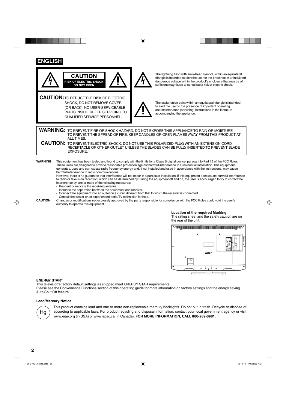 English, Caution, Warning | Hitachi L40A105 User Manual | Page 2 / 27