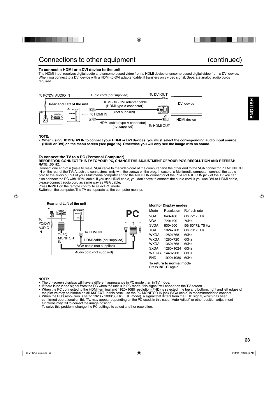 Connections to other equipment (continued), 23 english | Hitachi L40A105 User Manual | Page 23 / 27