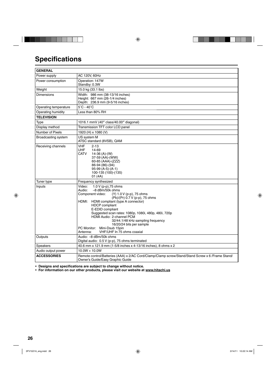 Specifications | Hitachi L40A105 User Manual | Page 26 / 27