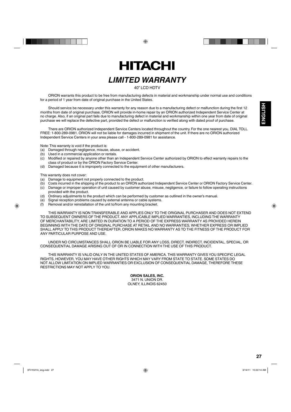 Limited warranty, 27 english | Hitachi L40A105 User Manual | Page 27 / 27