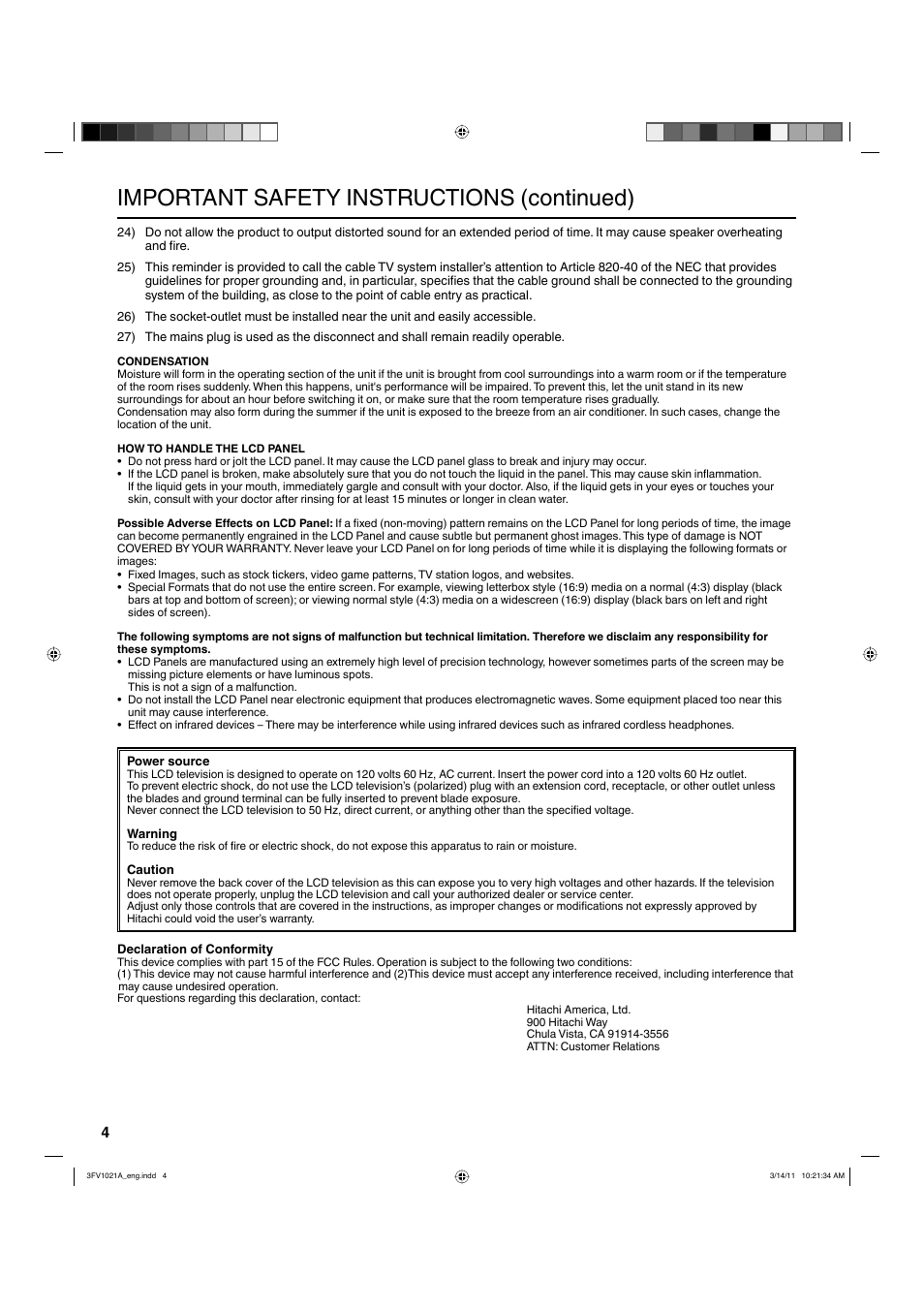 Important safety instructions (continued) | Hitachi L40A105 User Manual | Page 4 / 27