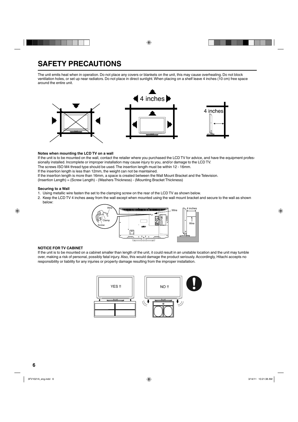 Safety precautions, 4 inches | Hitachi L40A105 User Manual | Page 6 / 27