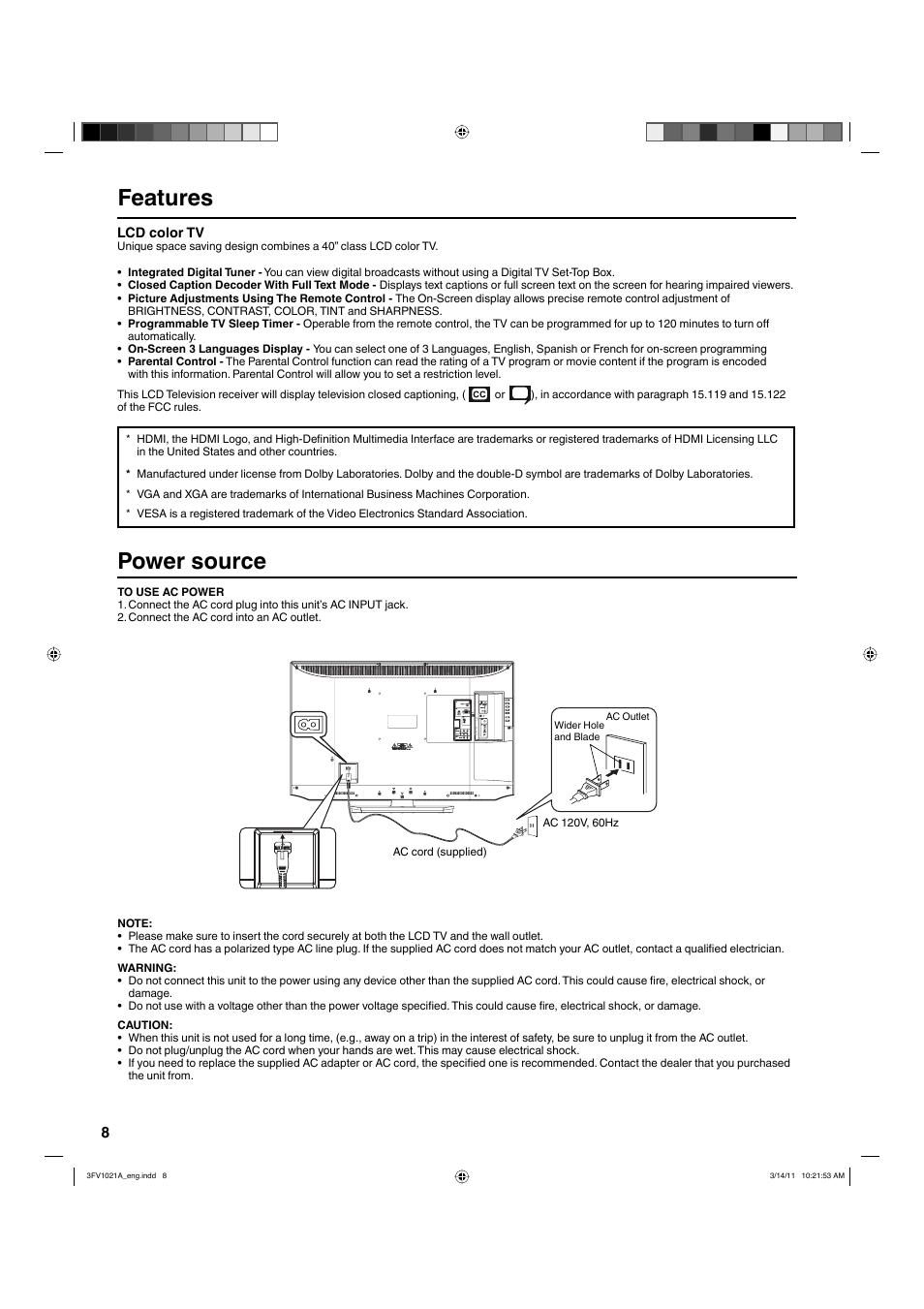 Features, Power source | Hitachi L40A105 User Manual | Page 8 / 27