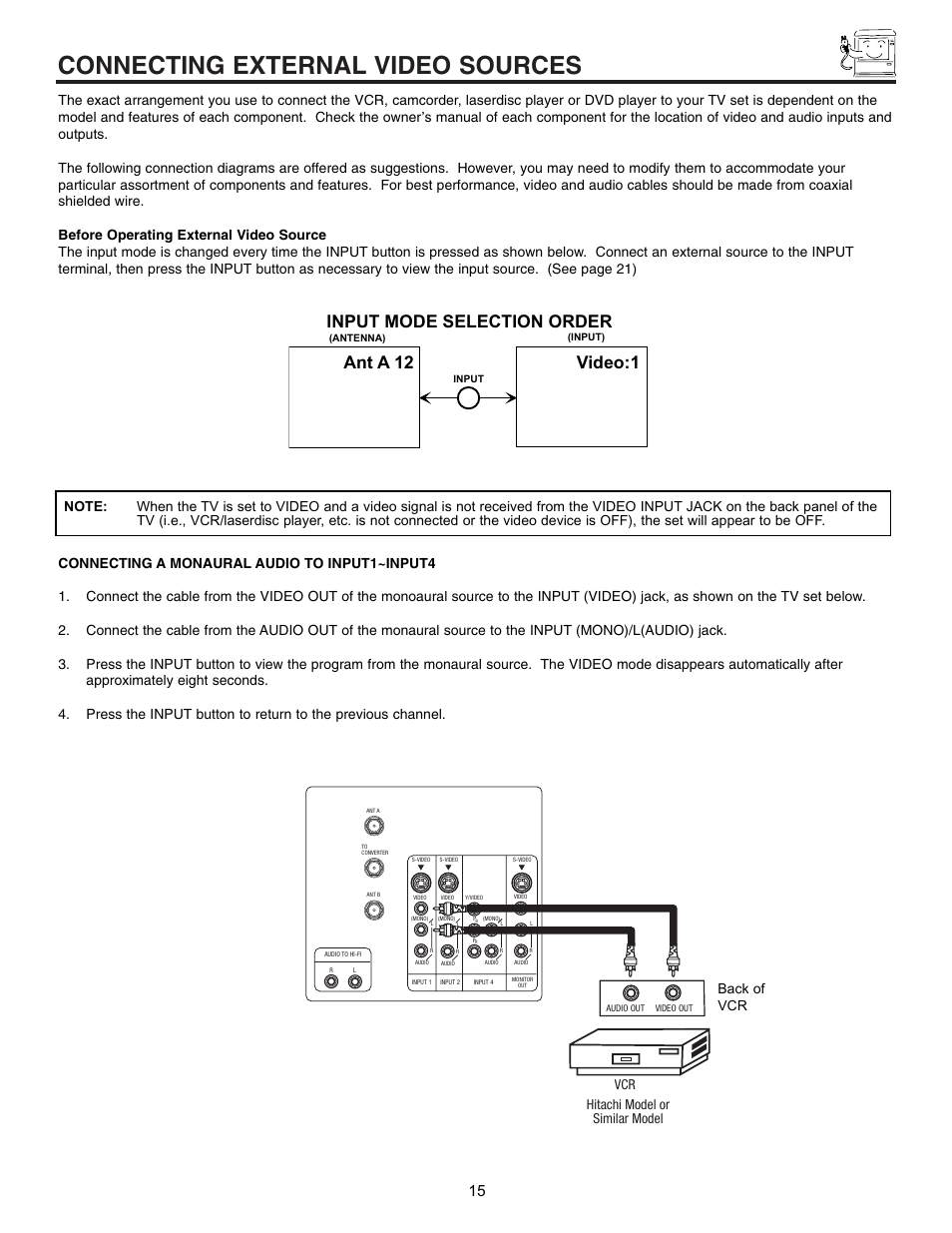 Connecting external video sources, Ant a 12 video:1 input mode selection order, Back of vcr | Hitachi model or similar model | Hitachi 53SBX10B User Manual | Page 15 / 60