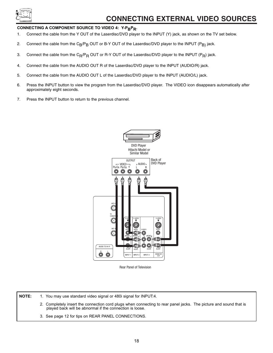 Connecting external video sources | Hitachi 53SBX10B User Manual | Page 18 / 60