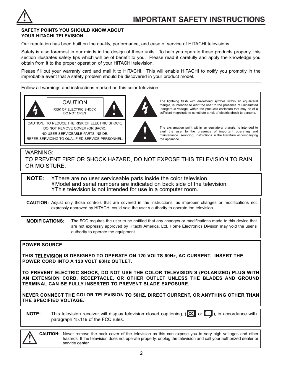 Important safety instructions, Caution | Hitachi 53SBX10B User Manual | Page 2 / 60