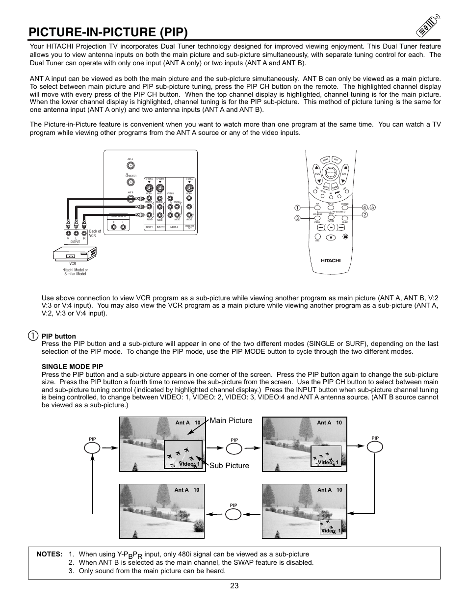 Picture-in-picture (pip), Main picture sub picture, ብ,ቦ ባ ቤ ቢ | Hitachi 53SBX10B User Manual | Page 23 / 60