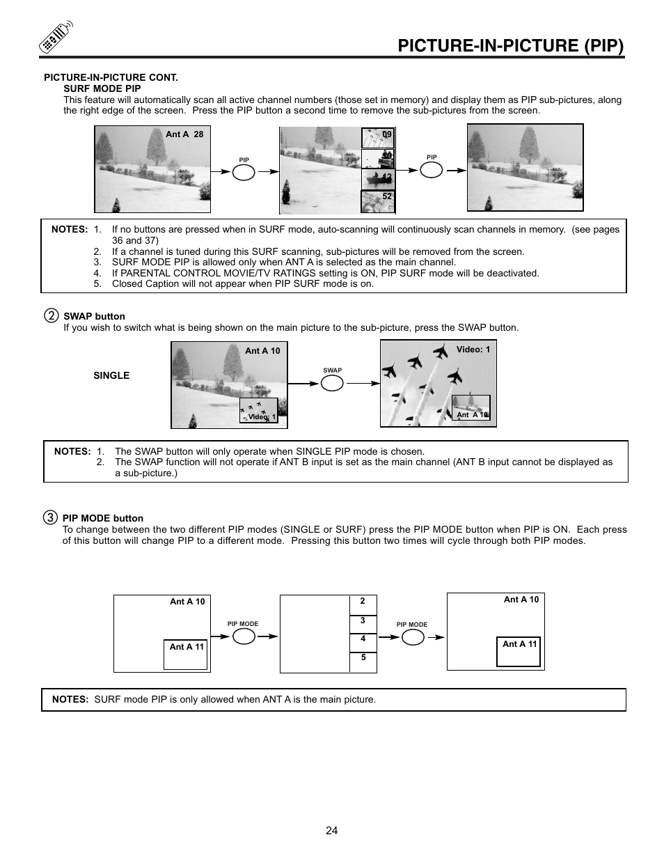 Picture-in-picture (pip) | Hitachi 53SBX10B User Manual | Page 24 / 60