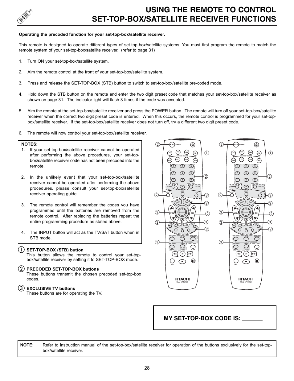 My set-top-box code is | Hitachi 53SBX10B User Manual | Page 28 / 60