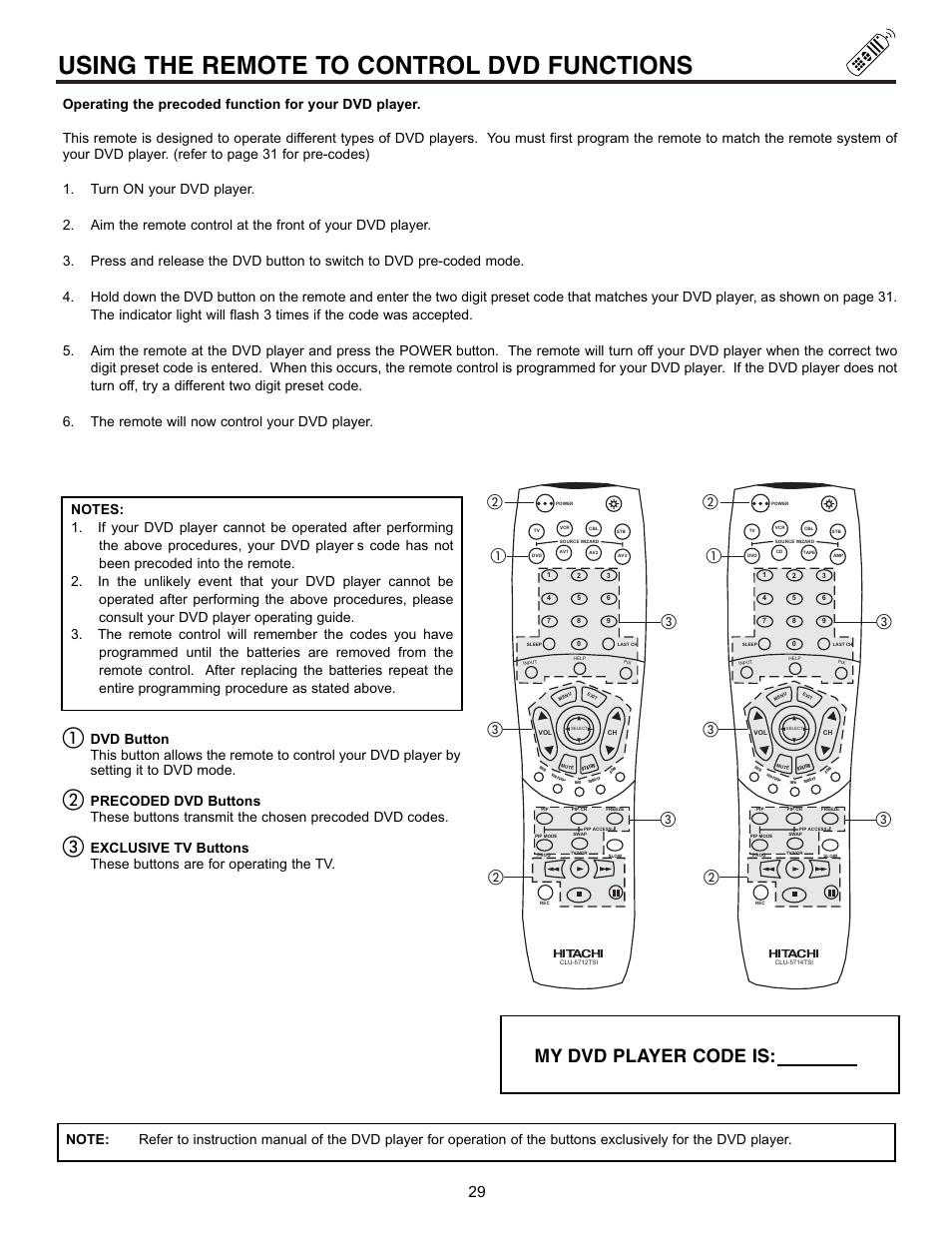 Using the remote to control dvd functions, My dvd player code is | Hitachi 53SBX10B User Manual | Page 29 / 60