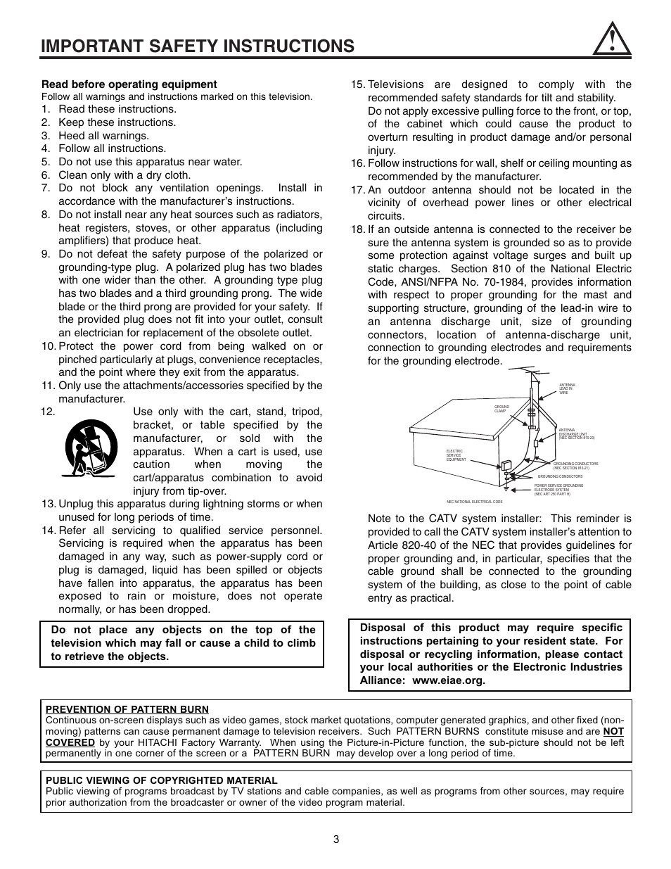 Important safety instructions | Hitachi 53SBX10B User Manual | Page 3 / 60