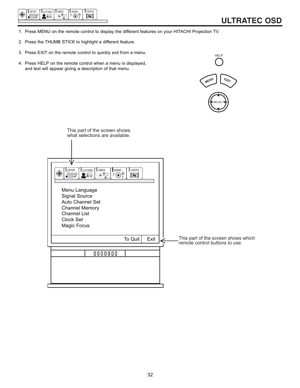 Ultratec osd | Hitachi 53SBX10B User Manual | Page 32 / 60