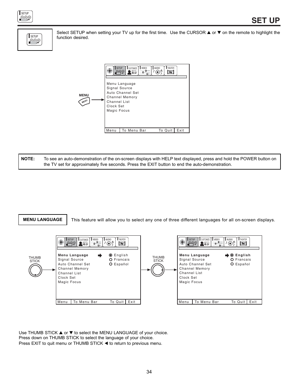 Set up | Hitachi 53SBX10B User Manual | Page 34 / 60