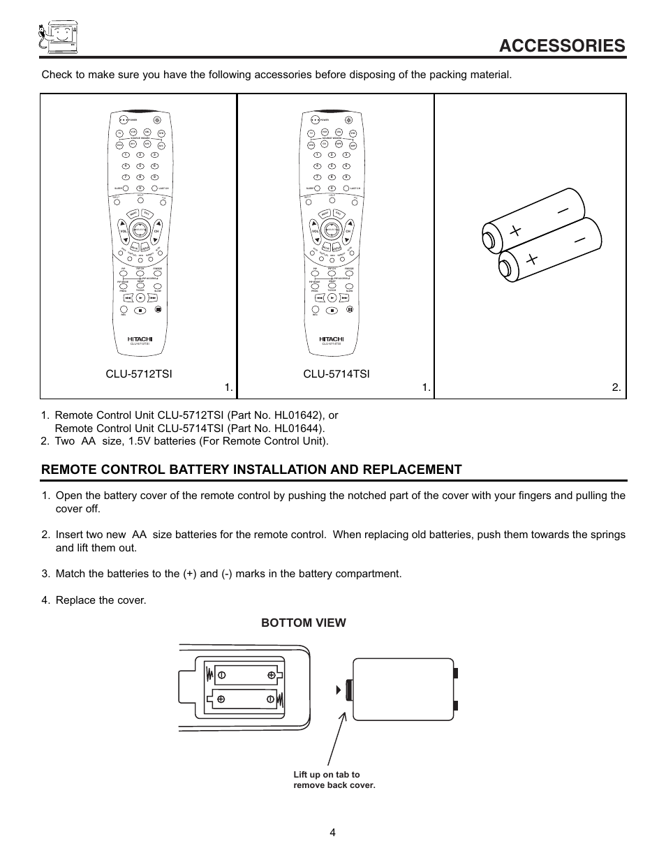 Accessories, Bottom view, Lift up on tab to remove back cover | Hitachi 53SBX10B User Manual | Page 4 / 60