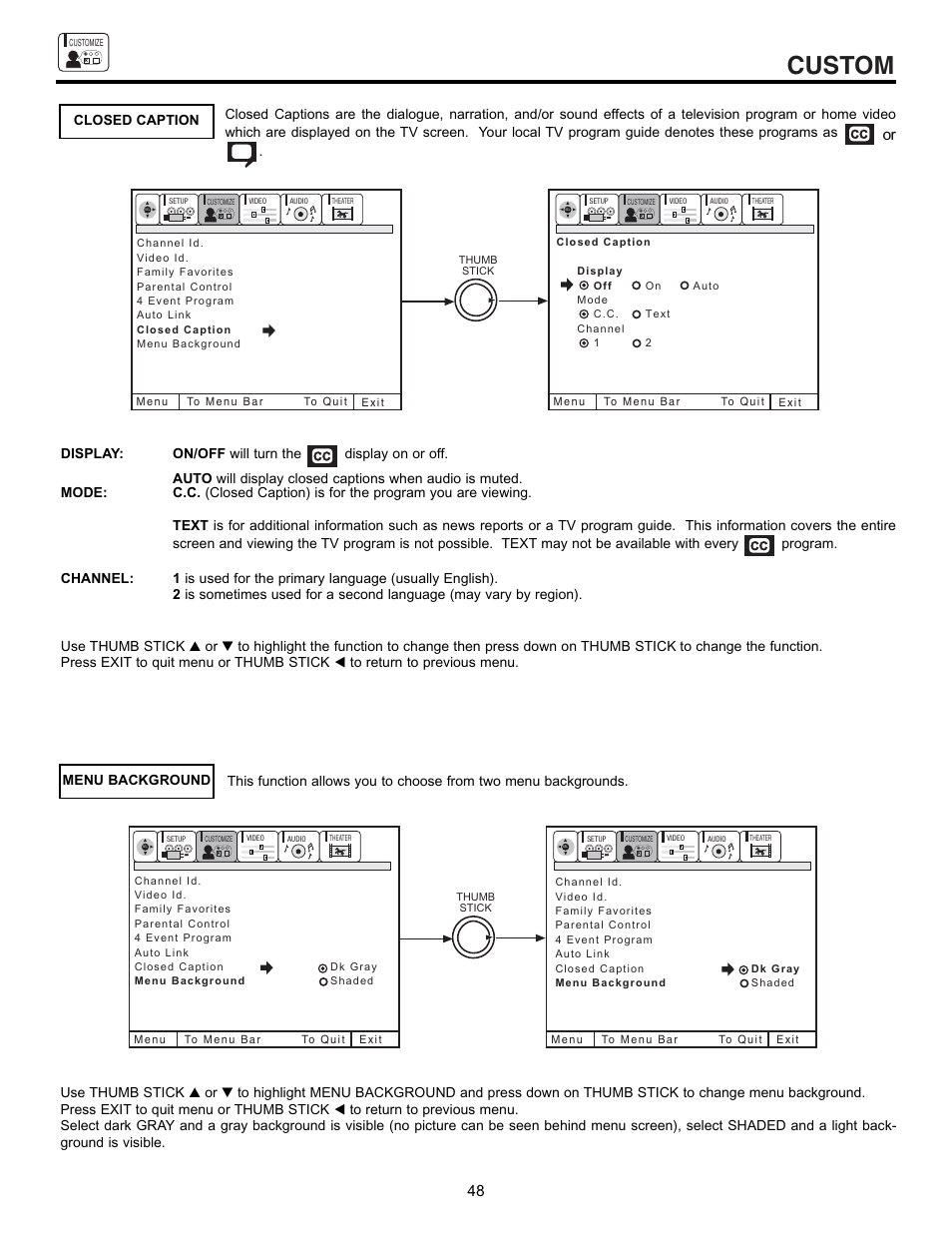 Custom, Closed caption | Hitachi 53SBX10B User Manual | Page 48 / 60