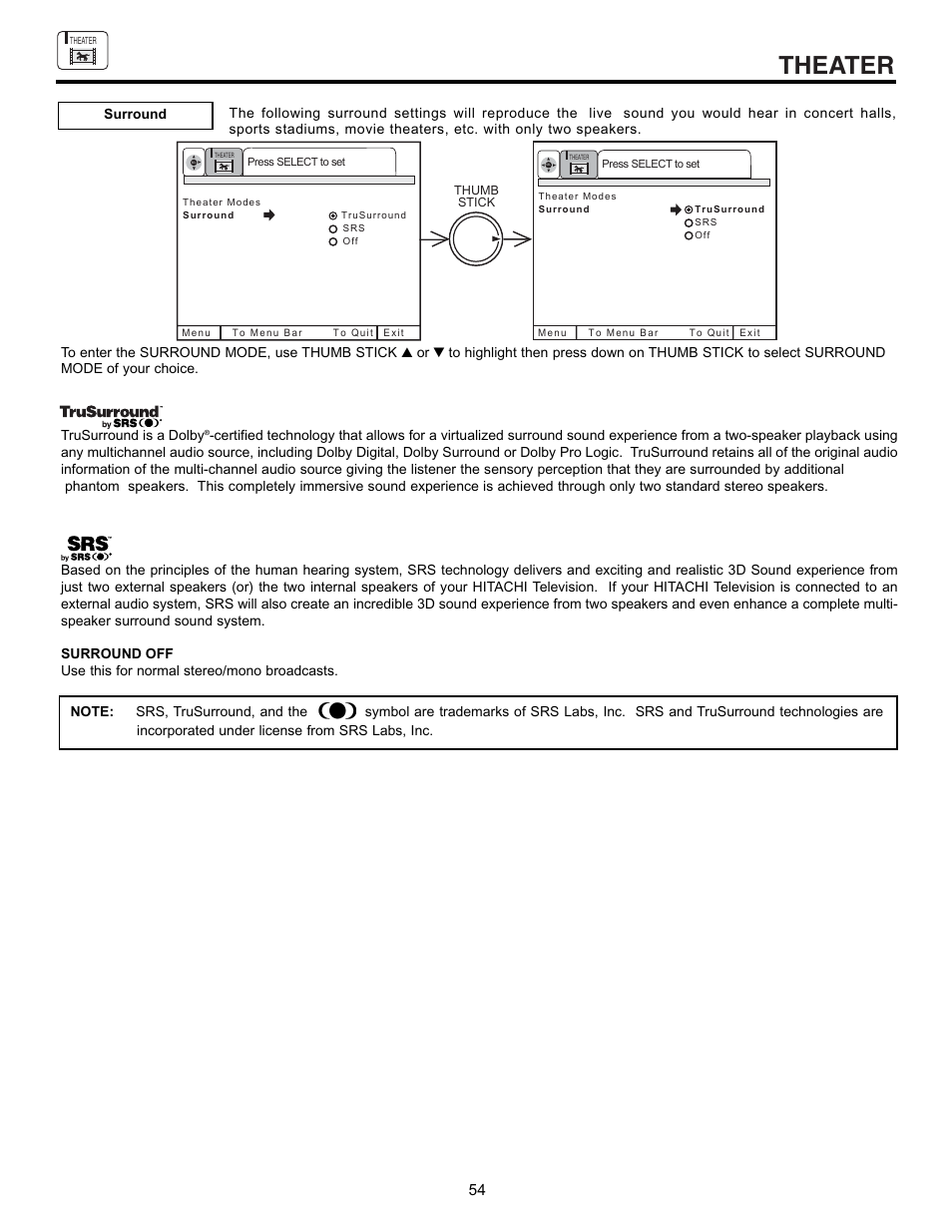 Theater | Hitachi 53SBX10B User Manual | Page 54 / 60