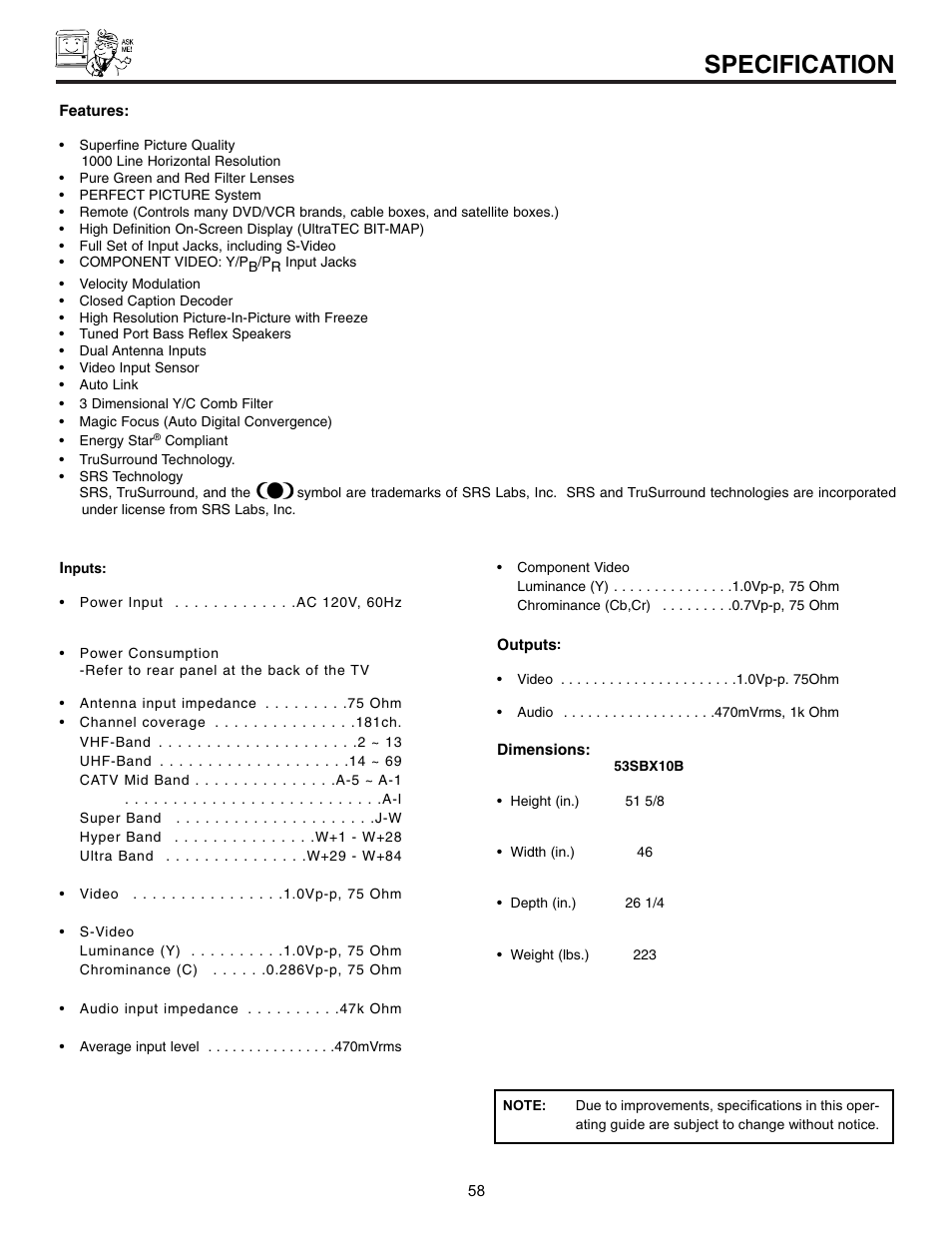 Specification | Hitachi 53SBX10B User Manual | Page 58 / 60