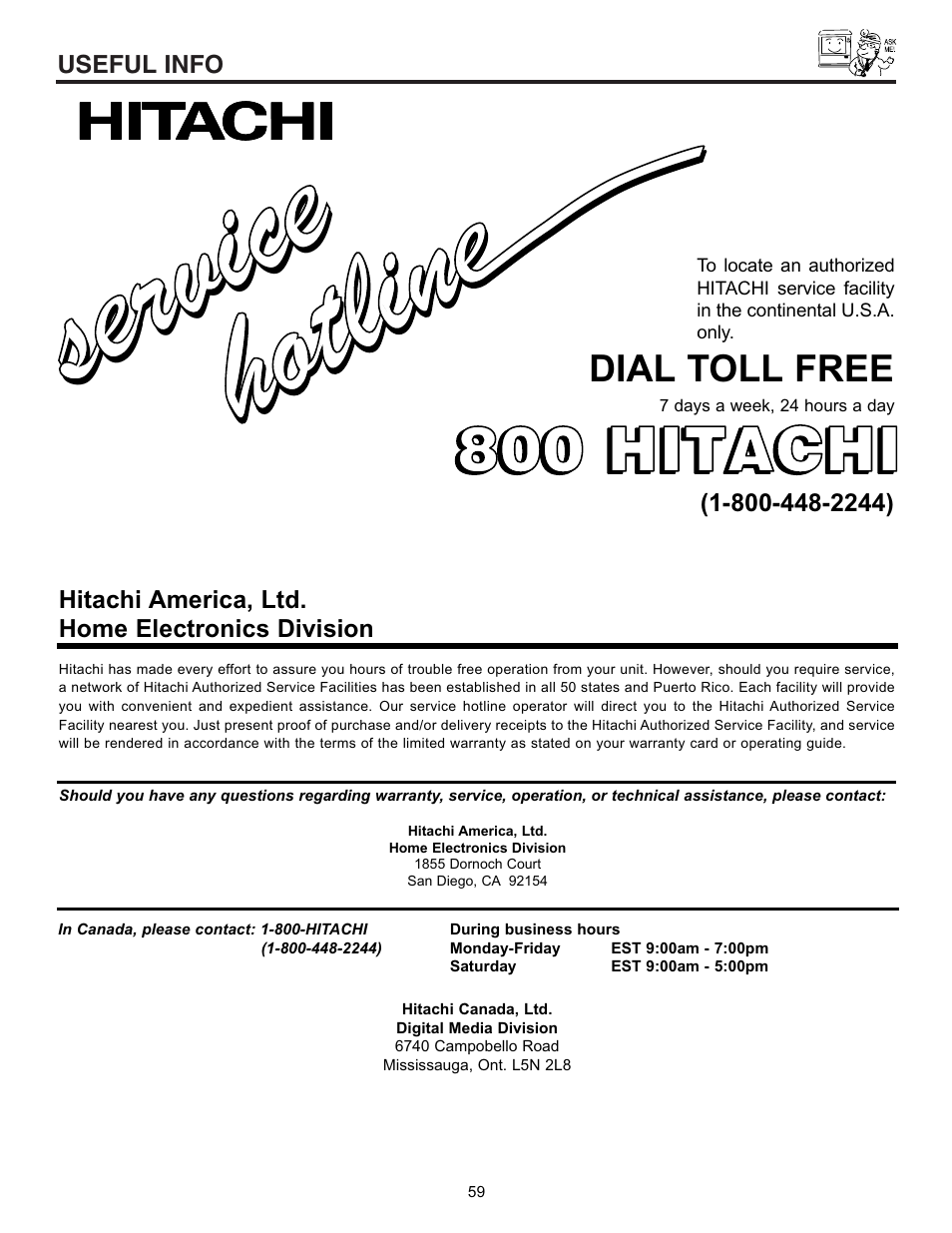 Service ser vic e, 800 hitachi | Hitachi 53SBX10B User Manual | Page 59 / 60