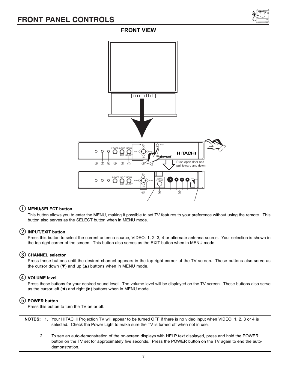 Front panel controls, Front view | Hitachi 53SBX10B User Manual | Page 7 / 60