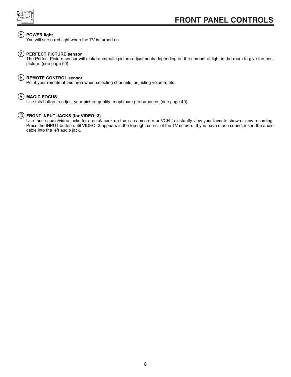 Front panel controls | Hitachi 53SBX10B User Manual | Page 8 / 60