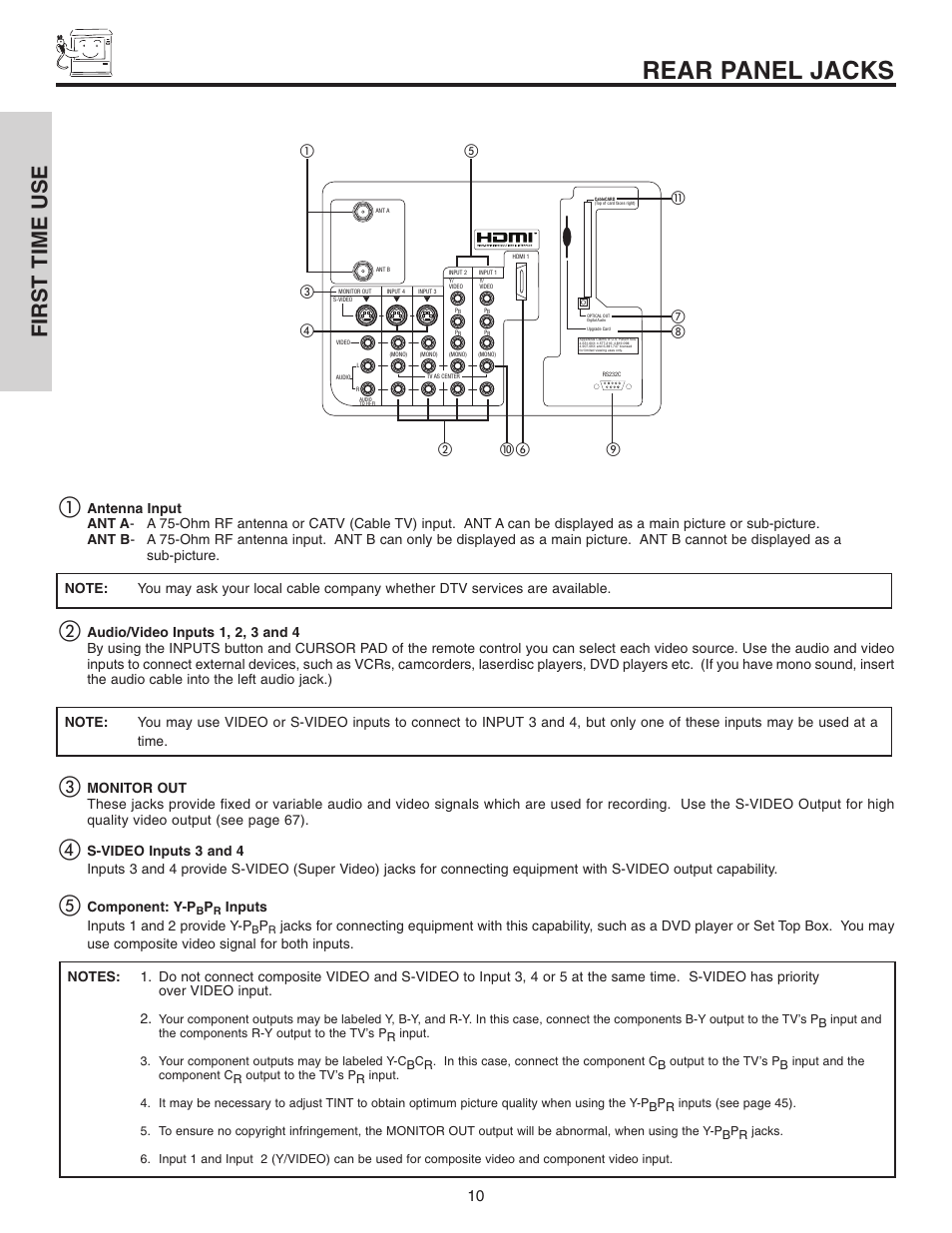 Rear panel jacks, First time use ቢ | Hitachi 42V710 User Manual | Page 10 / 84