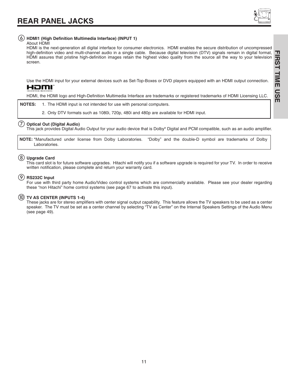 Rear panel jacks, First time use ቧ | Hitachi 42V710 User Manual | Page 11 / 84