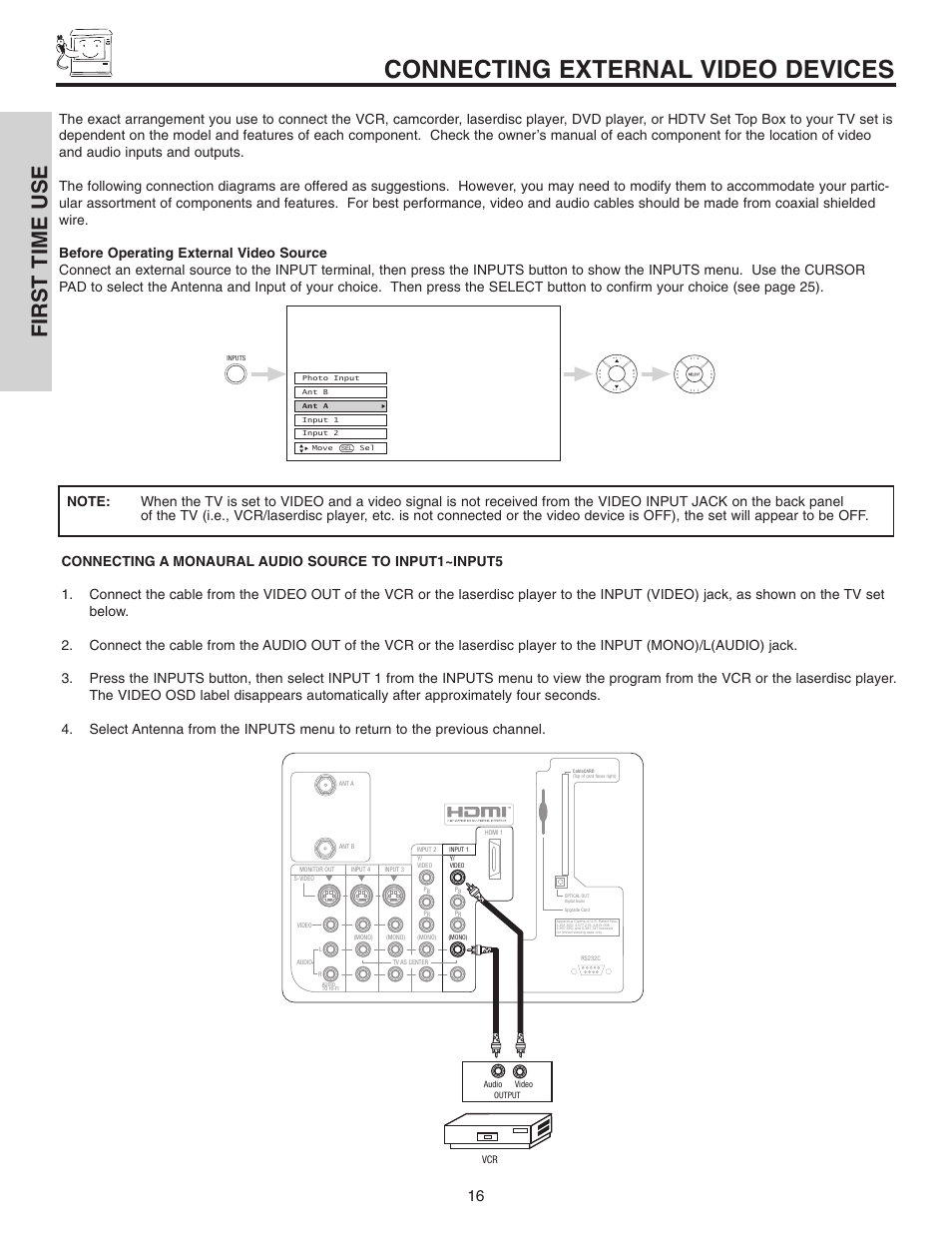 Connecting external video devices, First time use | Hitachi 42V710 User Manual | Page 16 / 84