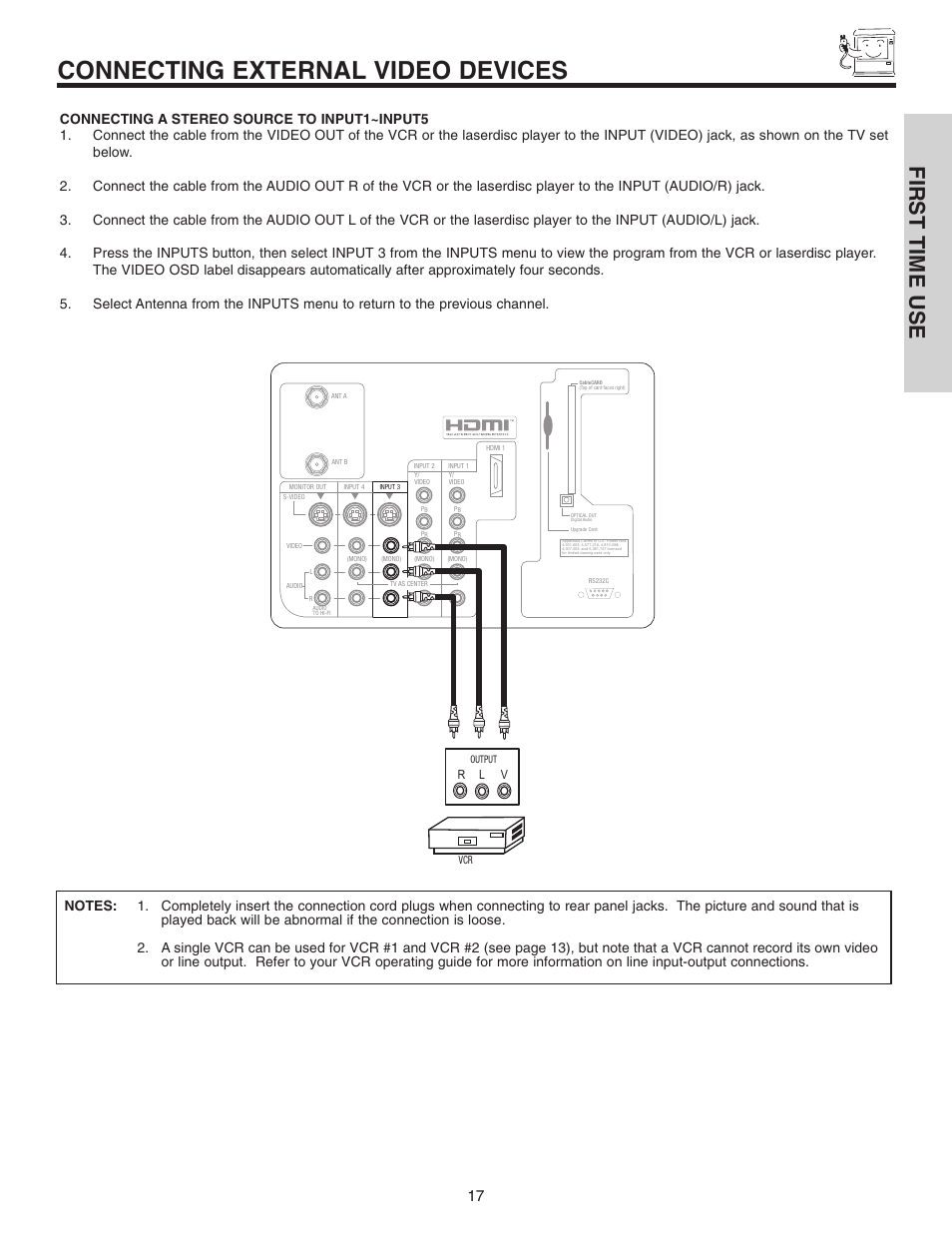 Connecting external video devices, First time use, R l v | Hitachi 42V710 User Manual | Page 17 / 84
