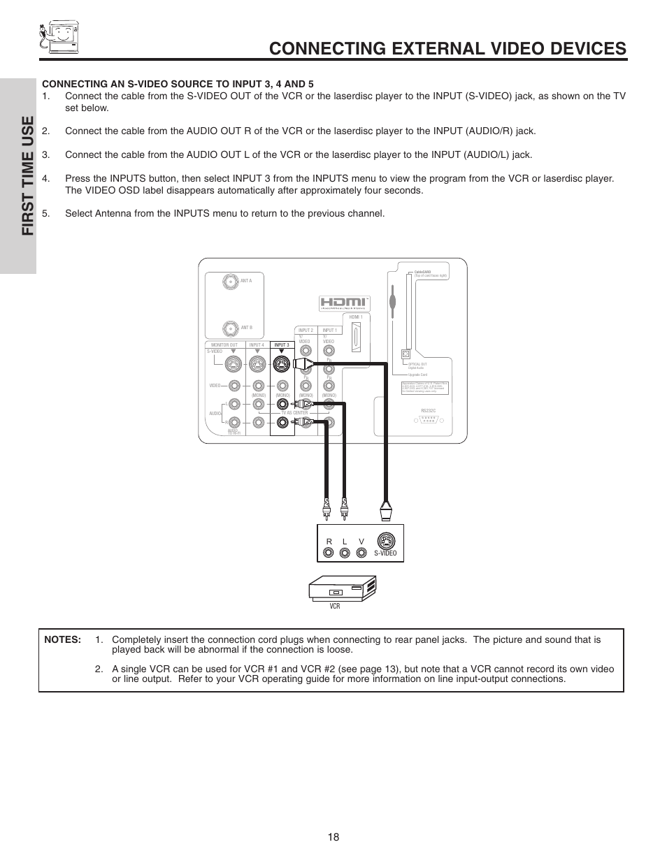 Connecting external video devices, First time use | Hitachi 42V710 User Manual | Page 18 / 84