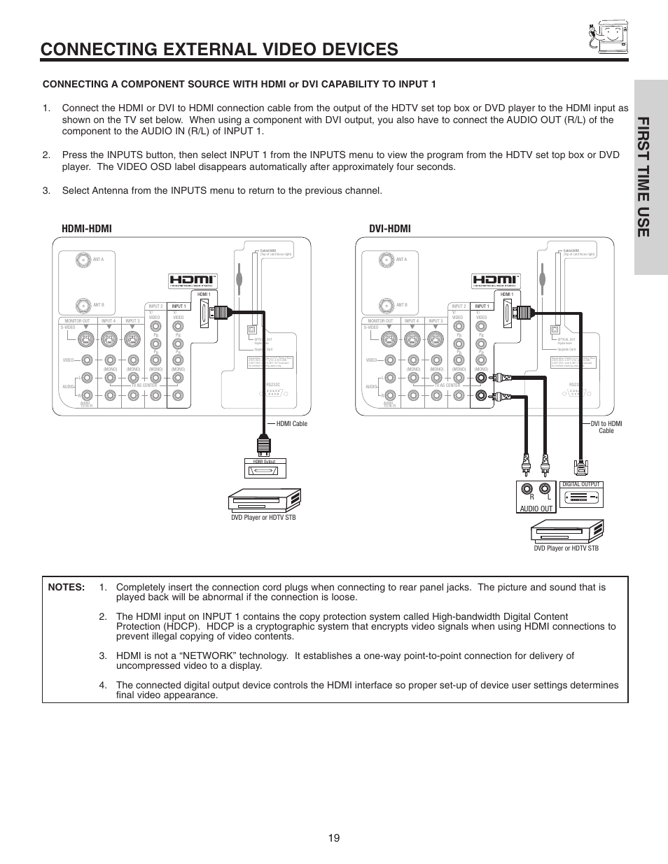 Connecting external video devices, First time use, Hdmi-hdmi | Dvi-hdmi, Rl audio out | Hitachi 42V710 User Manual | Page 19 / 84