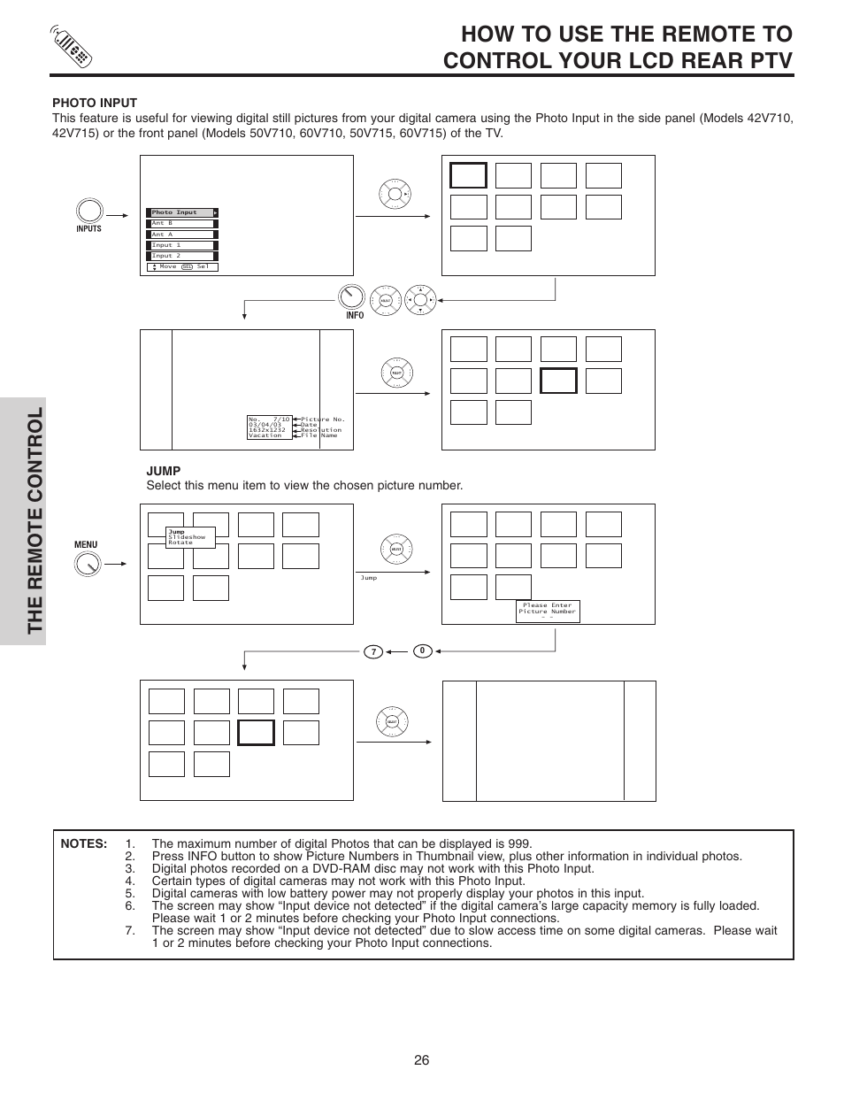 How to use the remote to control your lcd rear ptv, The remote control | Hitachi 42V710 User Manual | Page 26 / 84