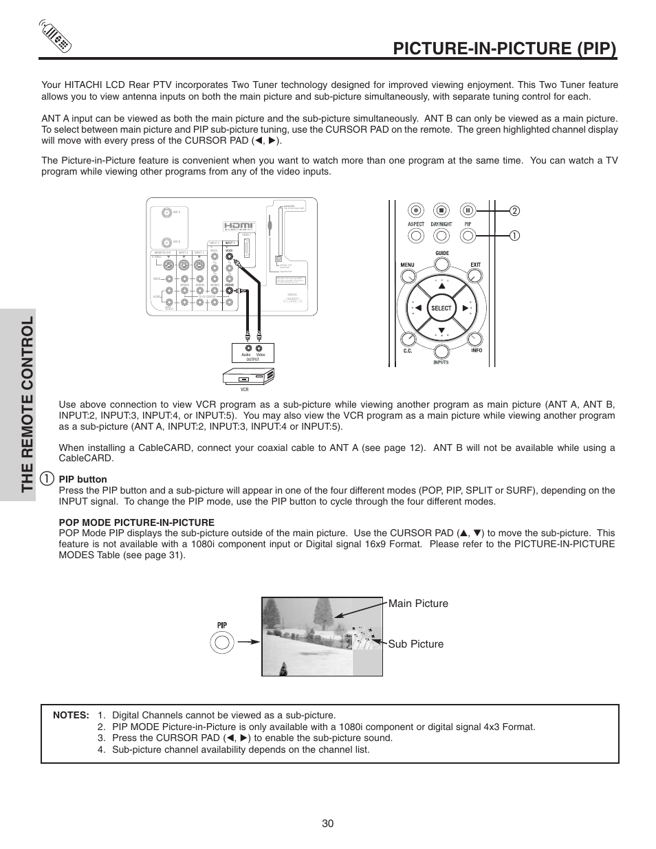 Picture-in-picture (pip), The remote control, Main picture sub picture | Hitachi 42V710 User Manual | Page 30 / 84