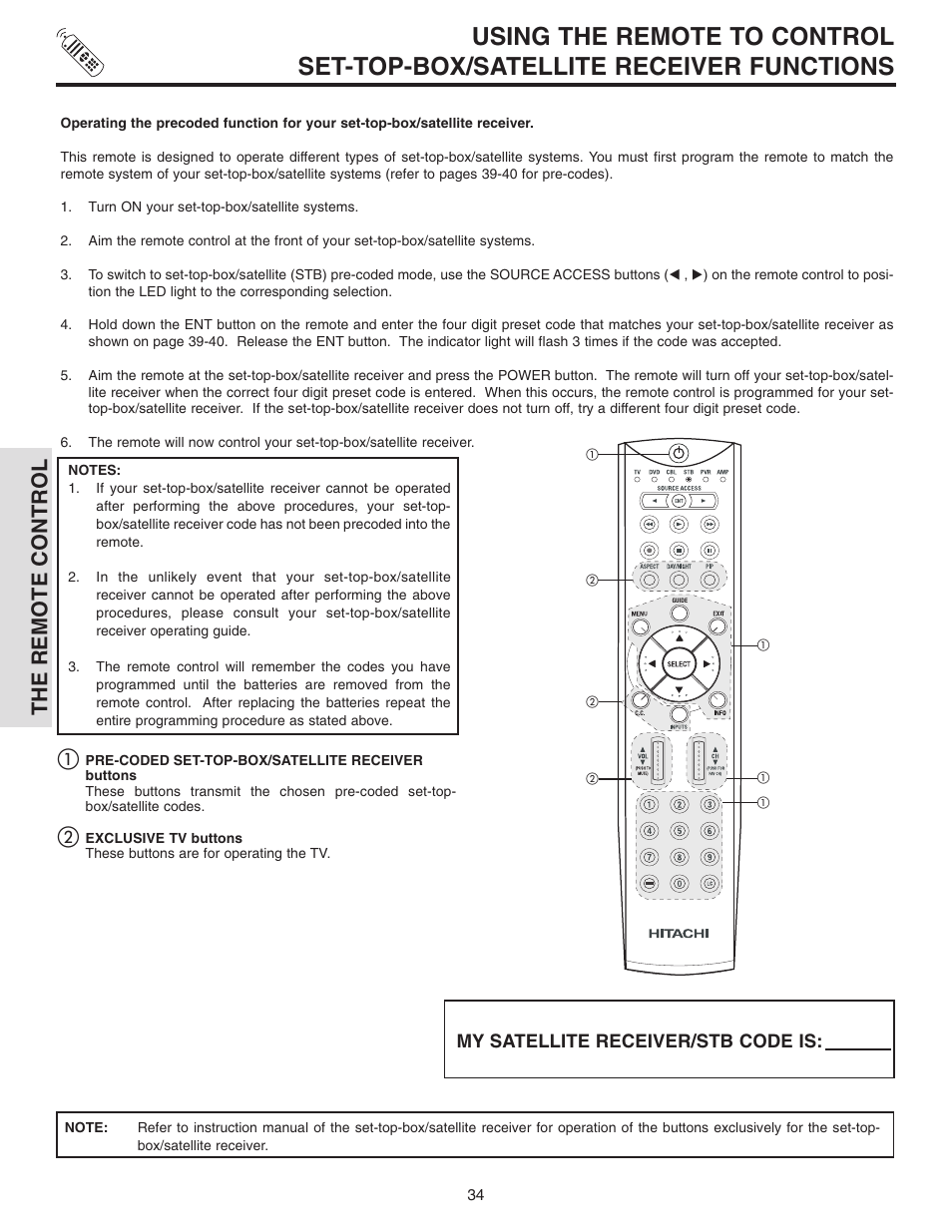 The remote control | Hitachi 42V710 User Manual | Page 34 / 84