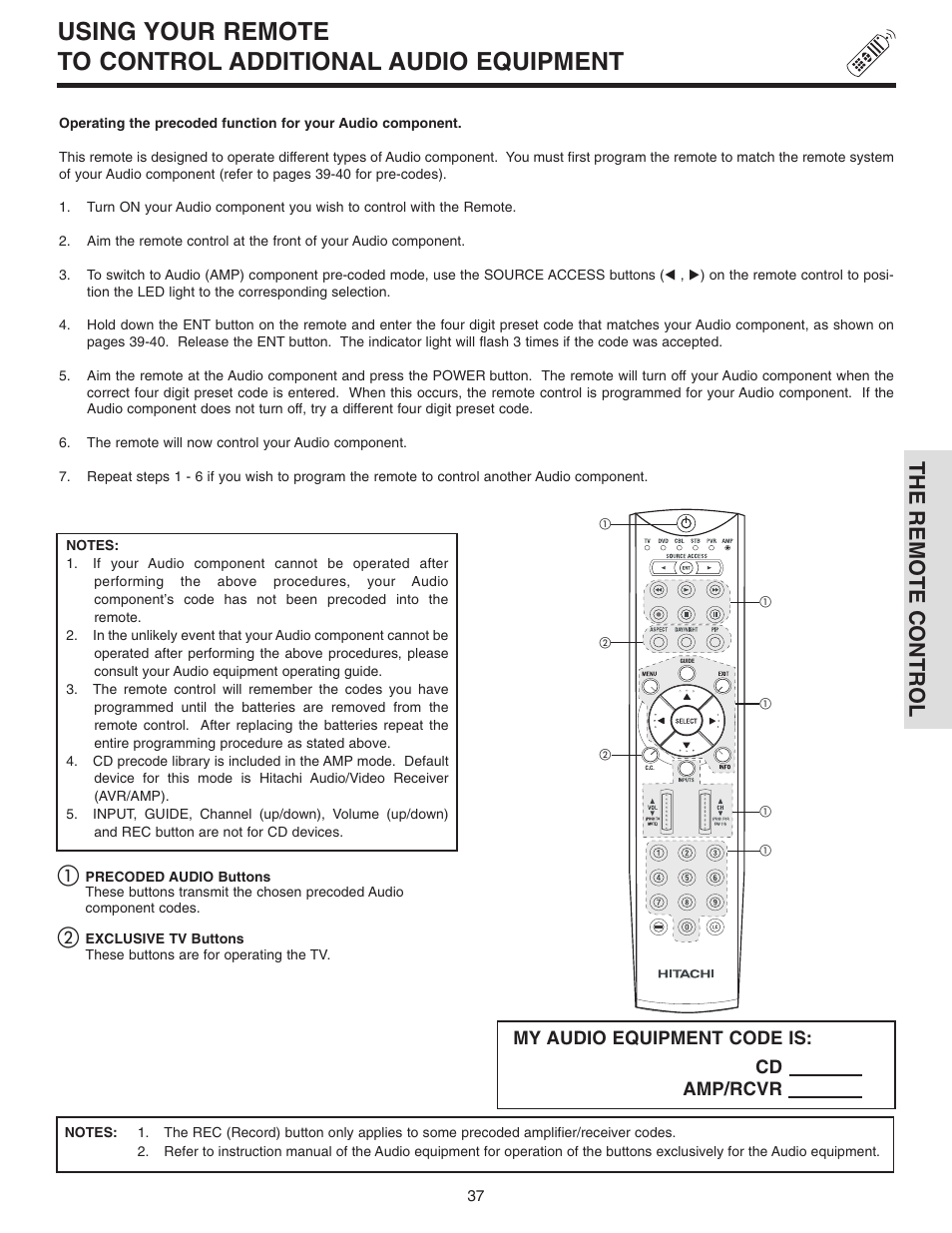 The remote control, My audio equipment code is, Cd amp/rcvr | Hitachi 42V710 User Manual | Page 37 / 84