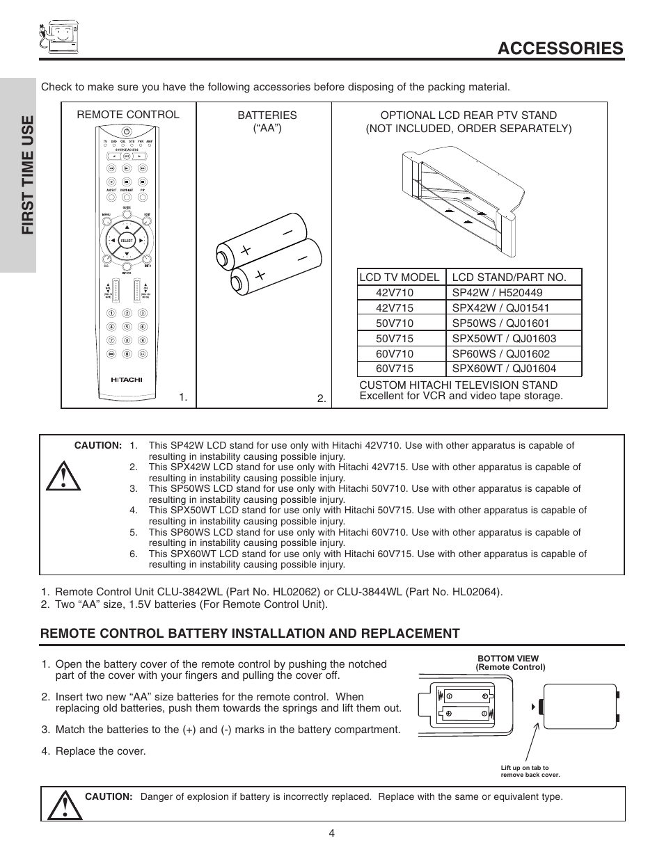 Accessories, First time use | Hitachi 42V710 User Manual | Page 4 / 84